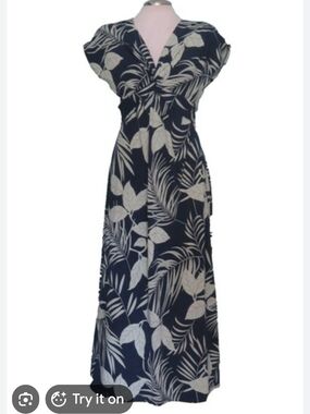 Lands' End Navy and Cream Tropical Maxi Dress - Size M (10-12)